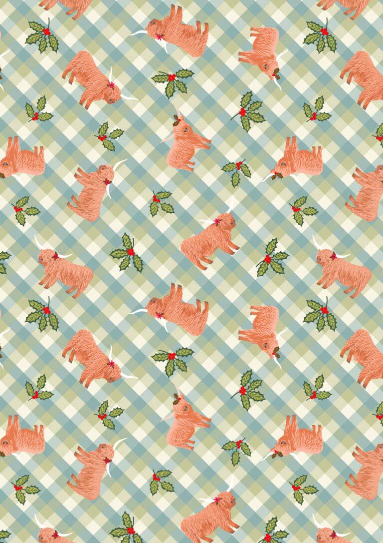 Celtic Christmas fabric with Highland cows, holly, and gingham pattern by Lewis & Irene