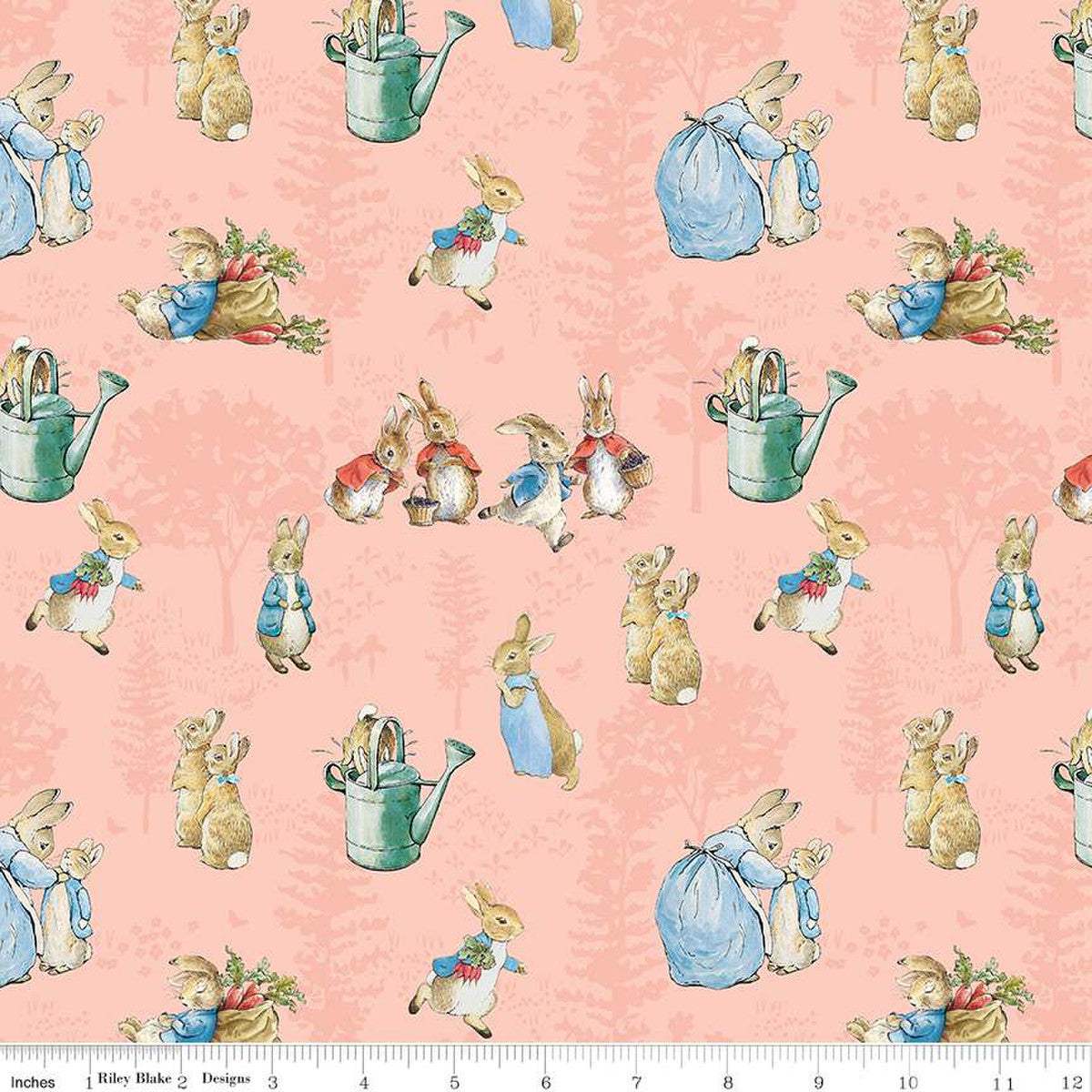 The Tale of Peter Rabbit fabric design with coral background and vintage rabbit illustrations for quilting and decor