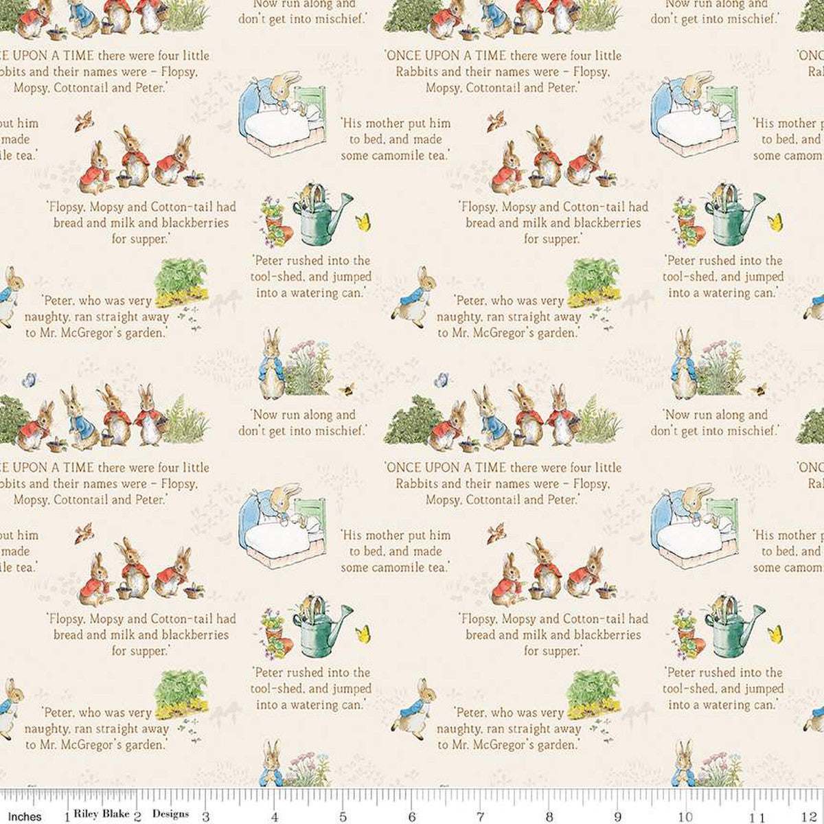 The Tale of Peter Rabbit fabric print with cream background featuring text and illustrations from Beatrix Potter's story by Riley Blake Designs