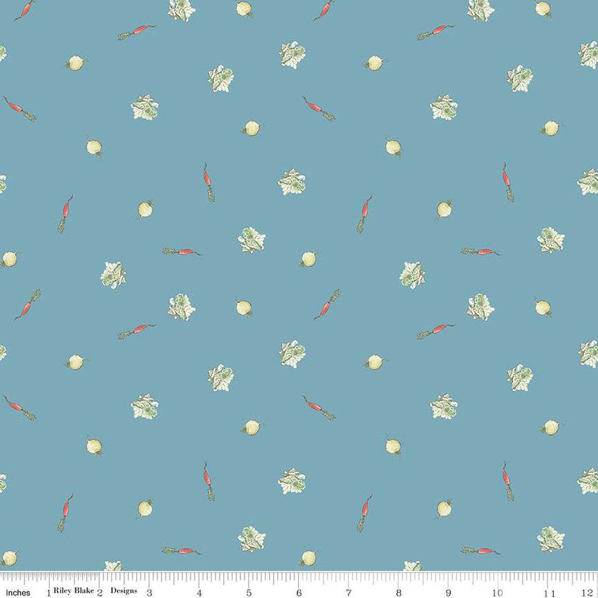 Peter Rabbit themed fabric with scattered vegetables on blue background for quilting and apparel