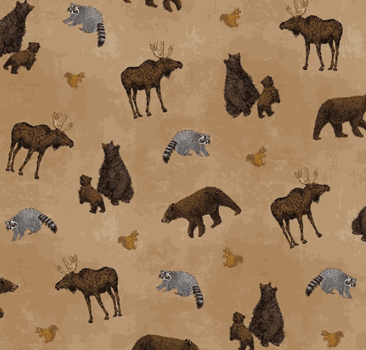 Pine Grove fabric design with moose, bears, raccoons, and squirrels on tan cotton background