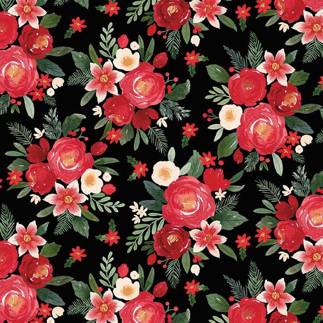 Charming Christmas floral fabric with red flowers and greenery on black background by Kelsey Carlson