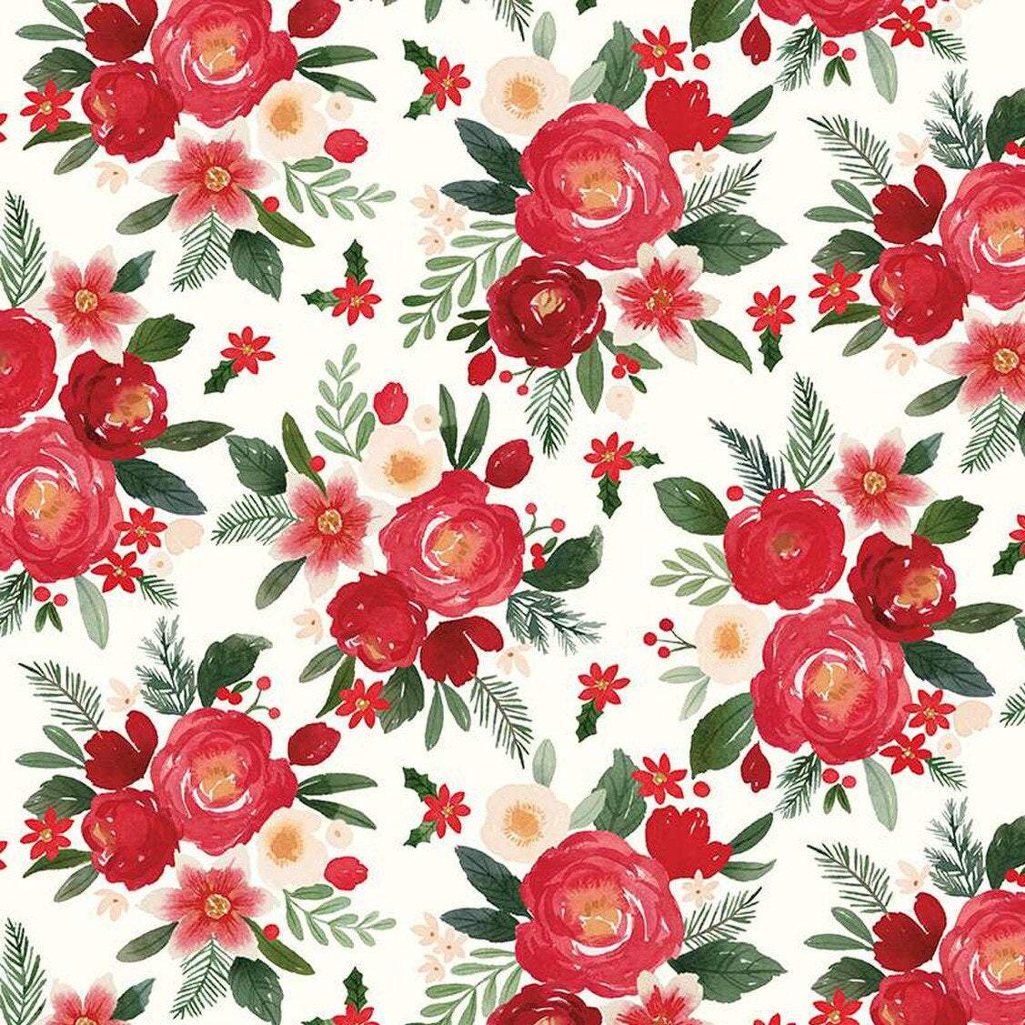 Charming Christmas floral fabric with red and white flowers and green leaves by Kelsey Carlson for Riley Blake Designs