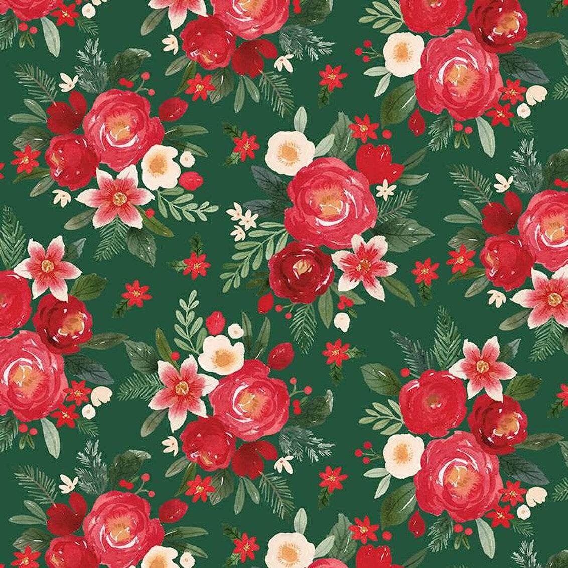 Charming Christmas floral fabric pattern with red and white flowers on green background by Kelsey Carlson