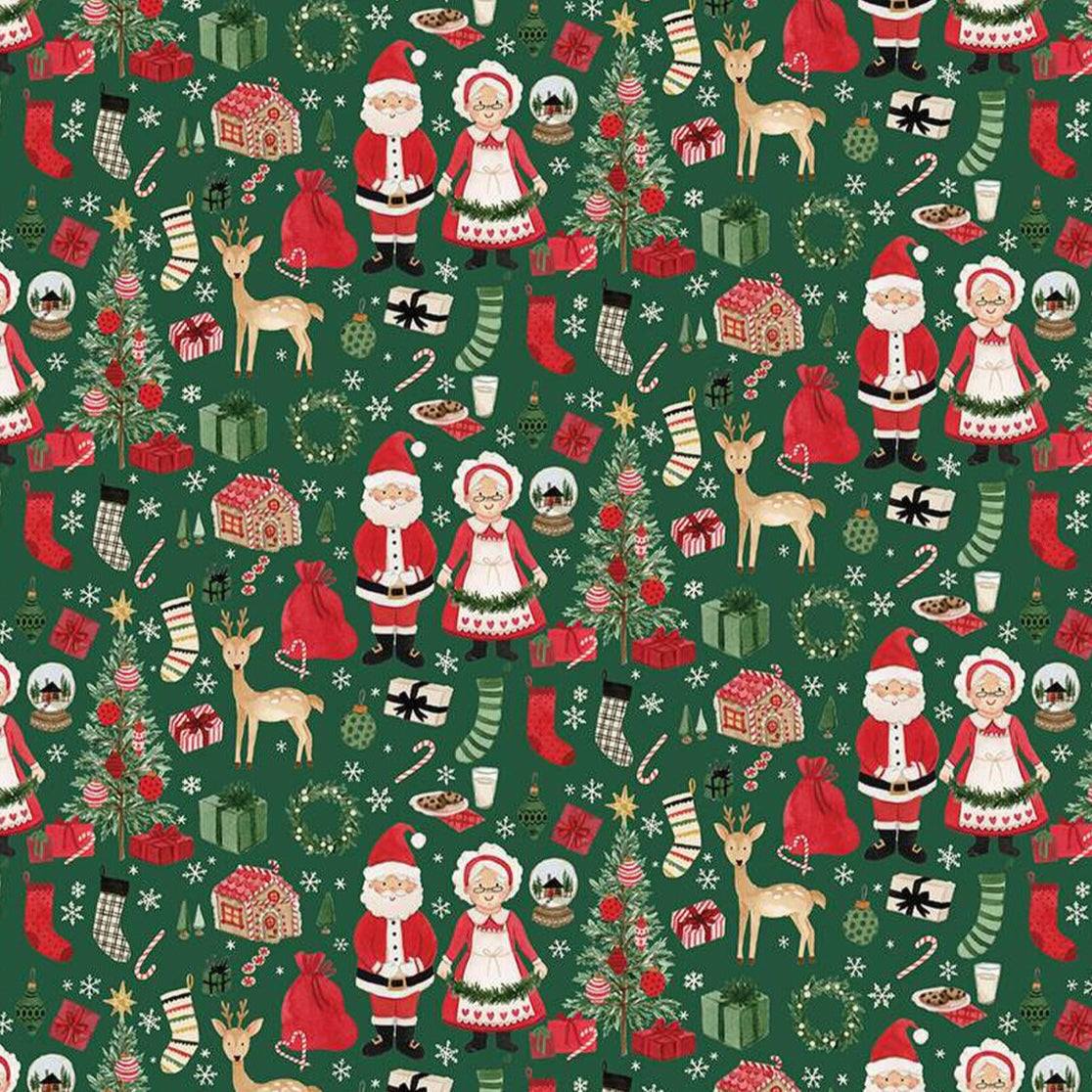 Charming Christmas Santa and Mrs Claus fabric with green background featuring holiday motifs and gifts