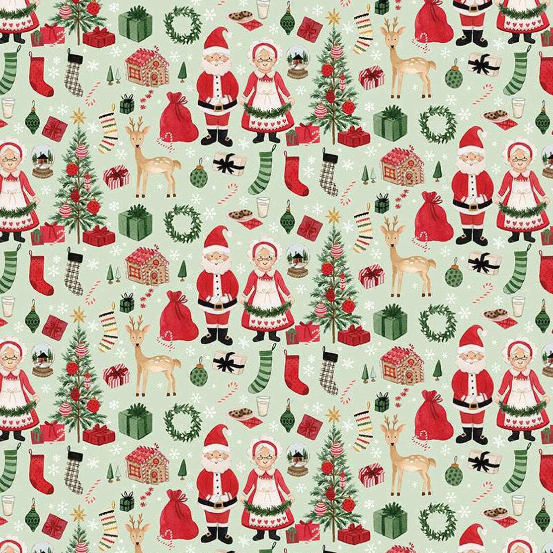 Charming Christmas fabric with Santa, Mrs. Claus, reindeer, Christmas trees, wreaths, and festive gifts on mint background