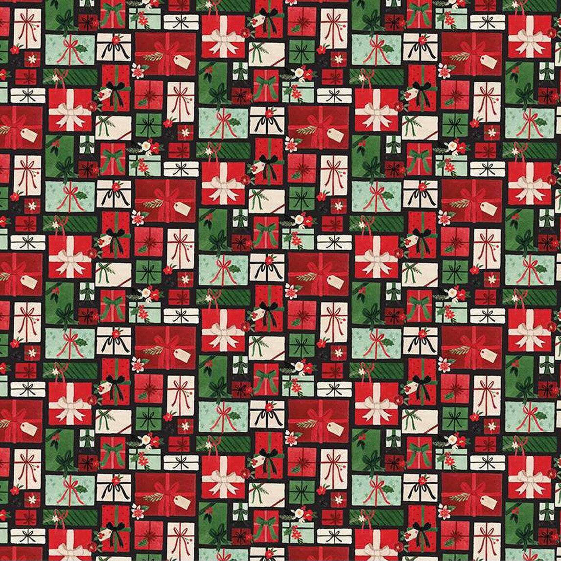 Charming Christmas fabric with red, green, and white gift boxes pattern by Kelsey Carlson for Riley Blake Designs