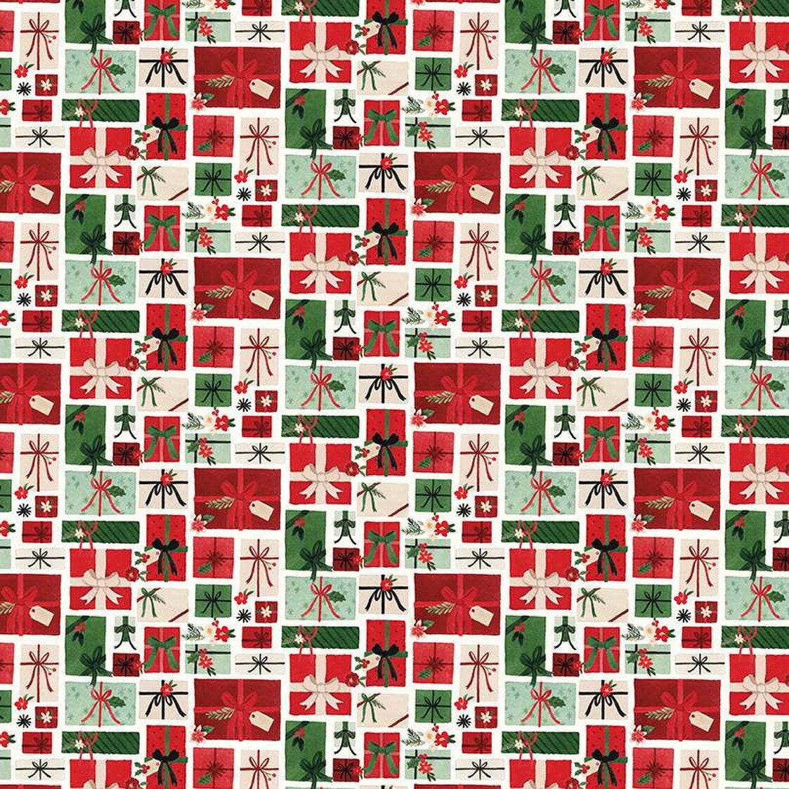 Charming Christmas fabric with red, green, and white presents and holiday bows pattern by Kelsey Carlson