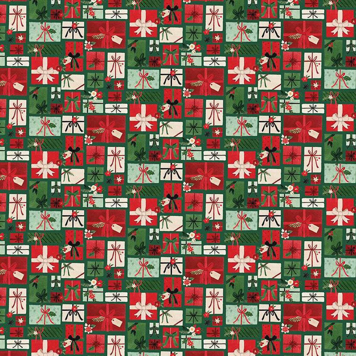 Charming Christmas fabric with green, red, and white gift box pattern by Kelsey Carlson for Riley Blake Designs