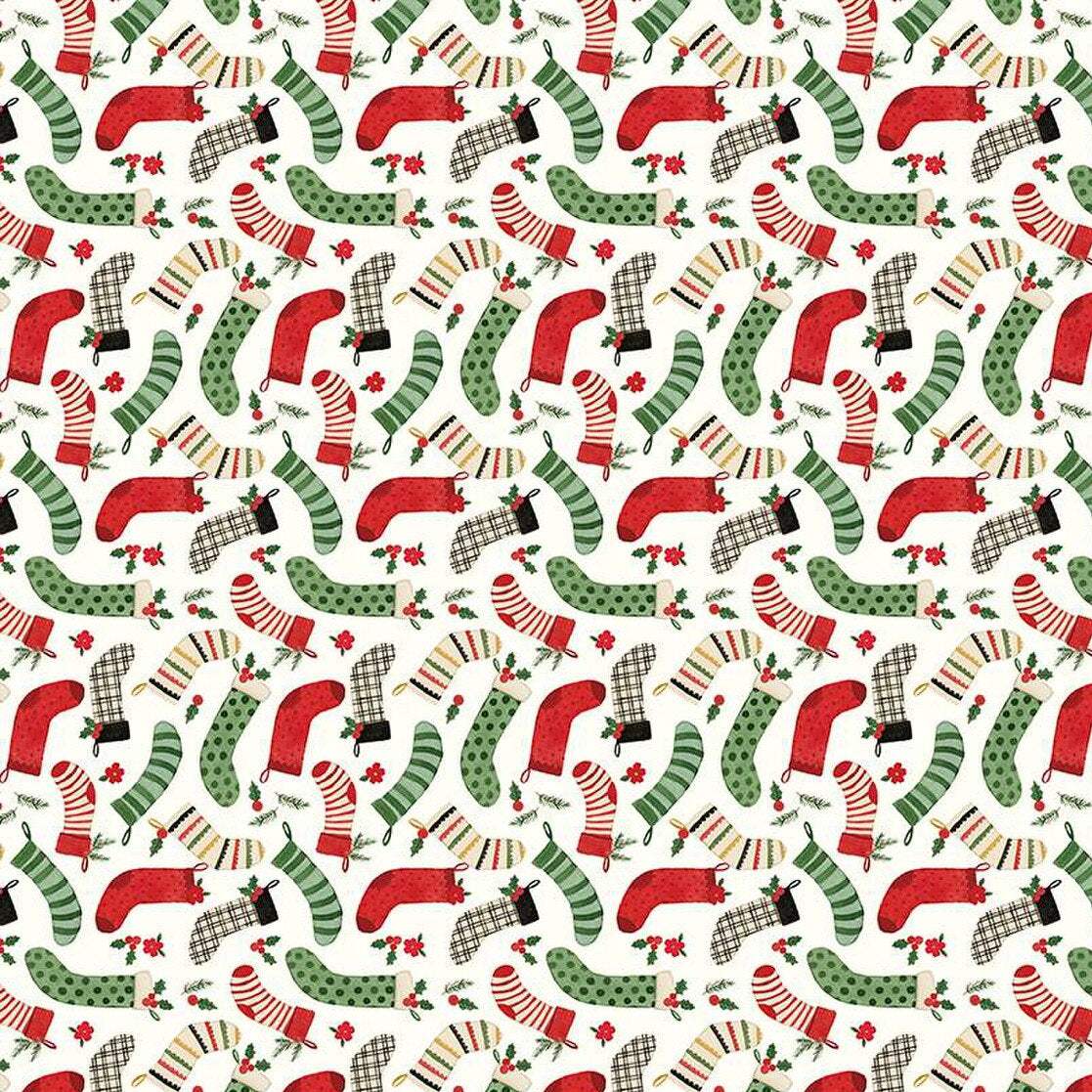 Charming Christmas Stockings fabric pattern with red, green, and striped holiday stockings on white background