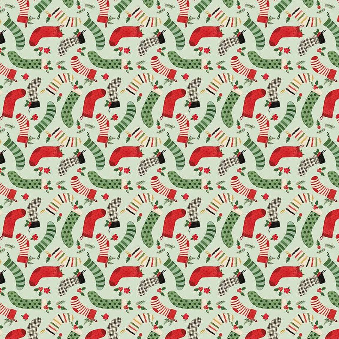 Charming Christmas Stockings fabric pattern with red, green, and striped stockings on mint background by Kelsey Carlson
