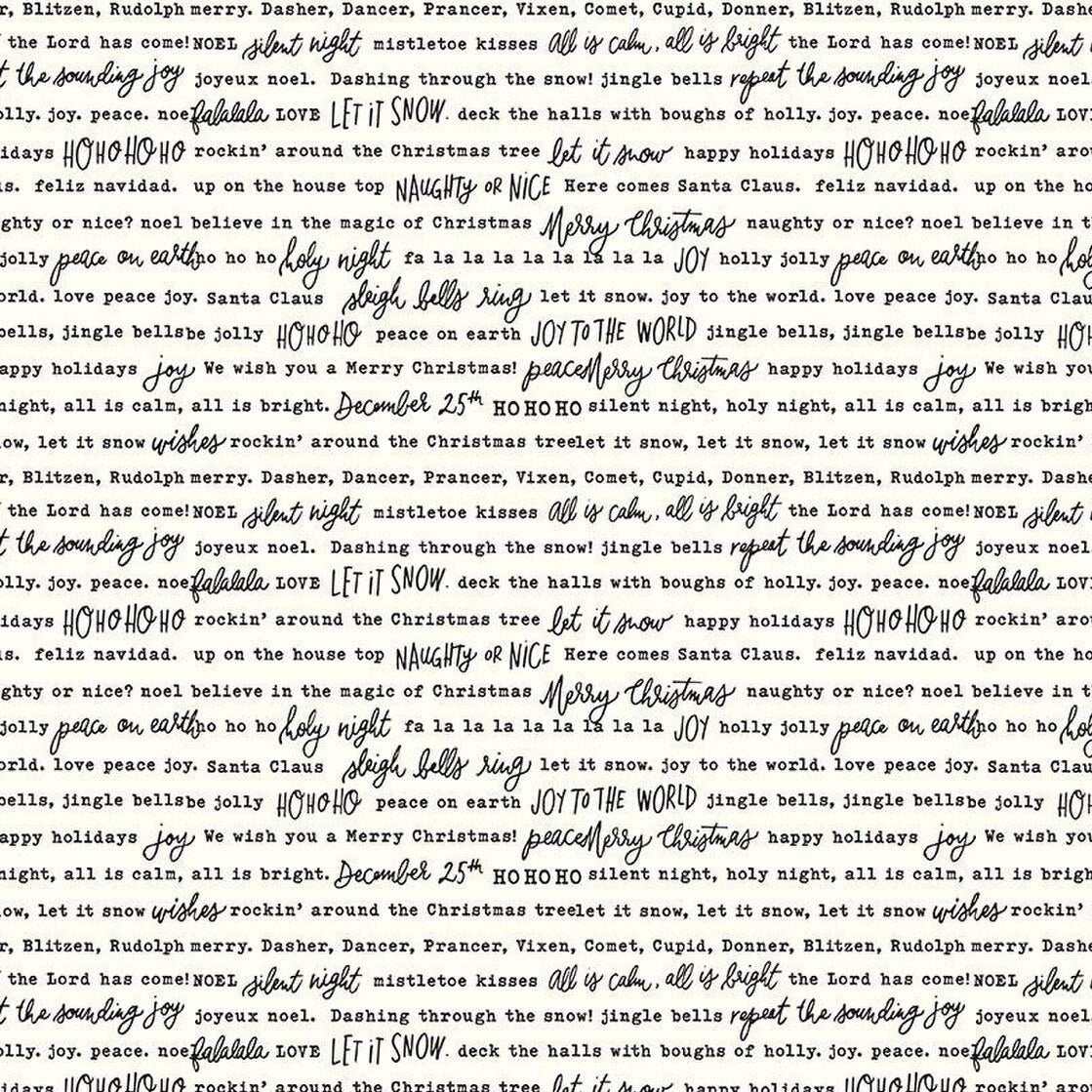 Charming Christmas fabric with Santa, Mrs. Claus, words cloud, festive holiday motifs in red, green, white by Kelsey Carlson