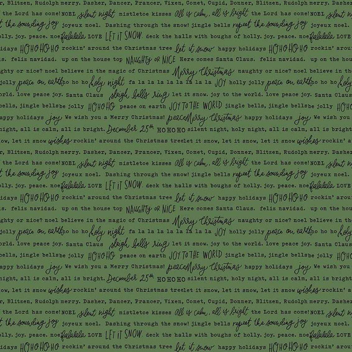 Green Charming Christmas Words fabric with holiday phrases and festive design by Kelsey Carlson for Riley Blake Designs
