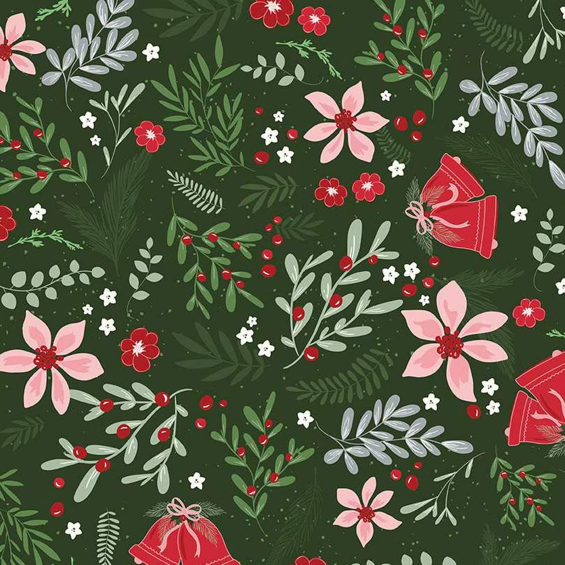 Mistletoe and holly Christmas fabric with red berries, pink flowers, green leaves, and holiday bells on dark green background