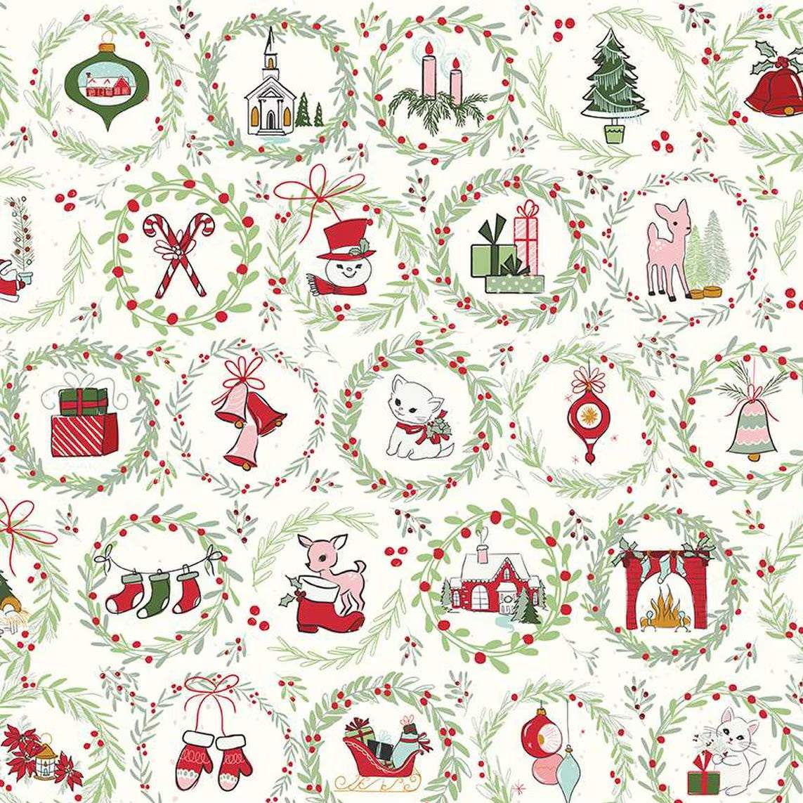 Christmas fabric with mistletoe and holly wreaths featuring holiday icons in red, green, and neutral tones