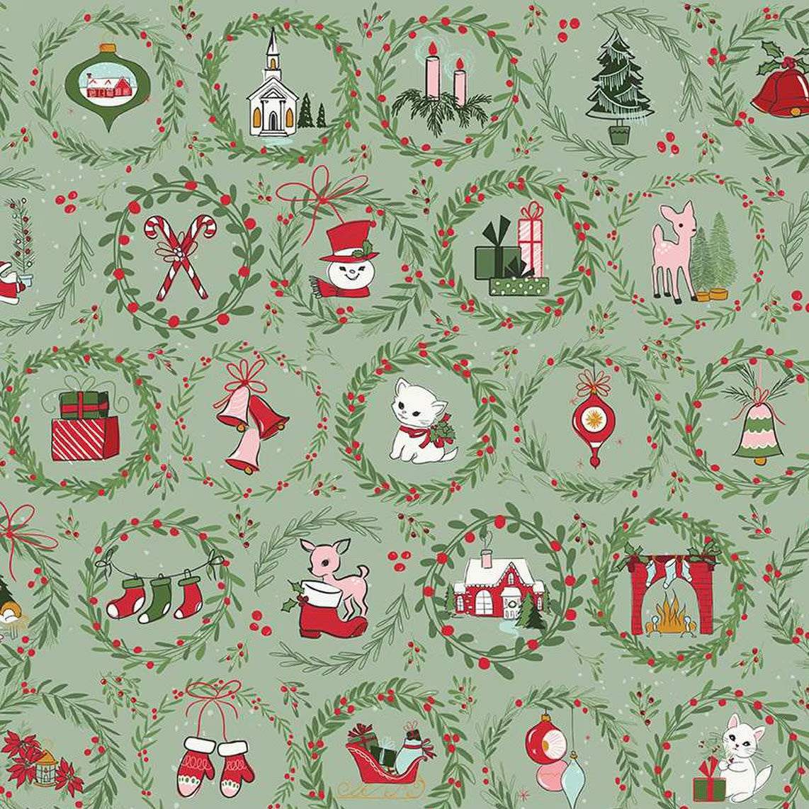 Mistletoe & Holly Wreaths fabric with Christmas motifs by Beverly McCullough on sage background