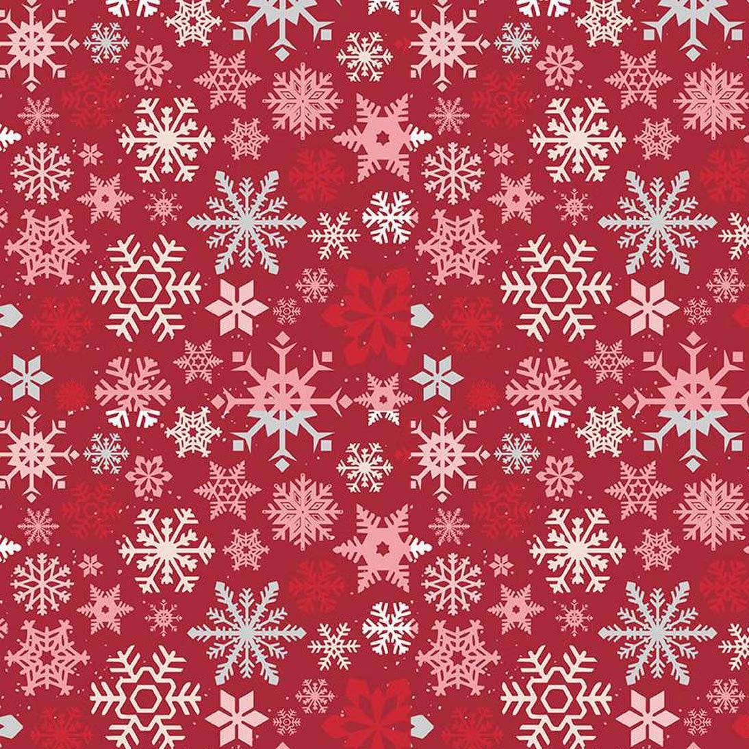 Mistletoe & Holly fabric with red background and snowflake patterns by Beverly McCullough
