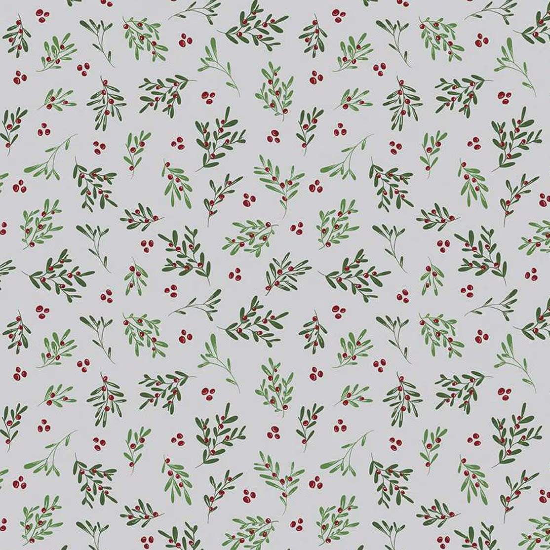 Mistletoe & Holly silver fabric with green mistletoe sprigs and red holly berries pattern by Beverly McCullough