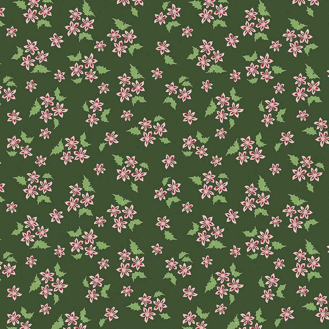 Mistletoe & Holly fabric with red and green Christmas floral pattern on dark green background by Beverly McCullough