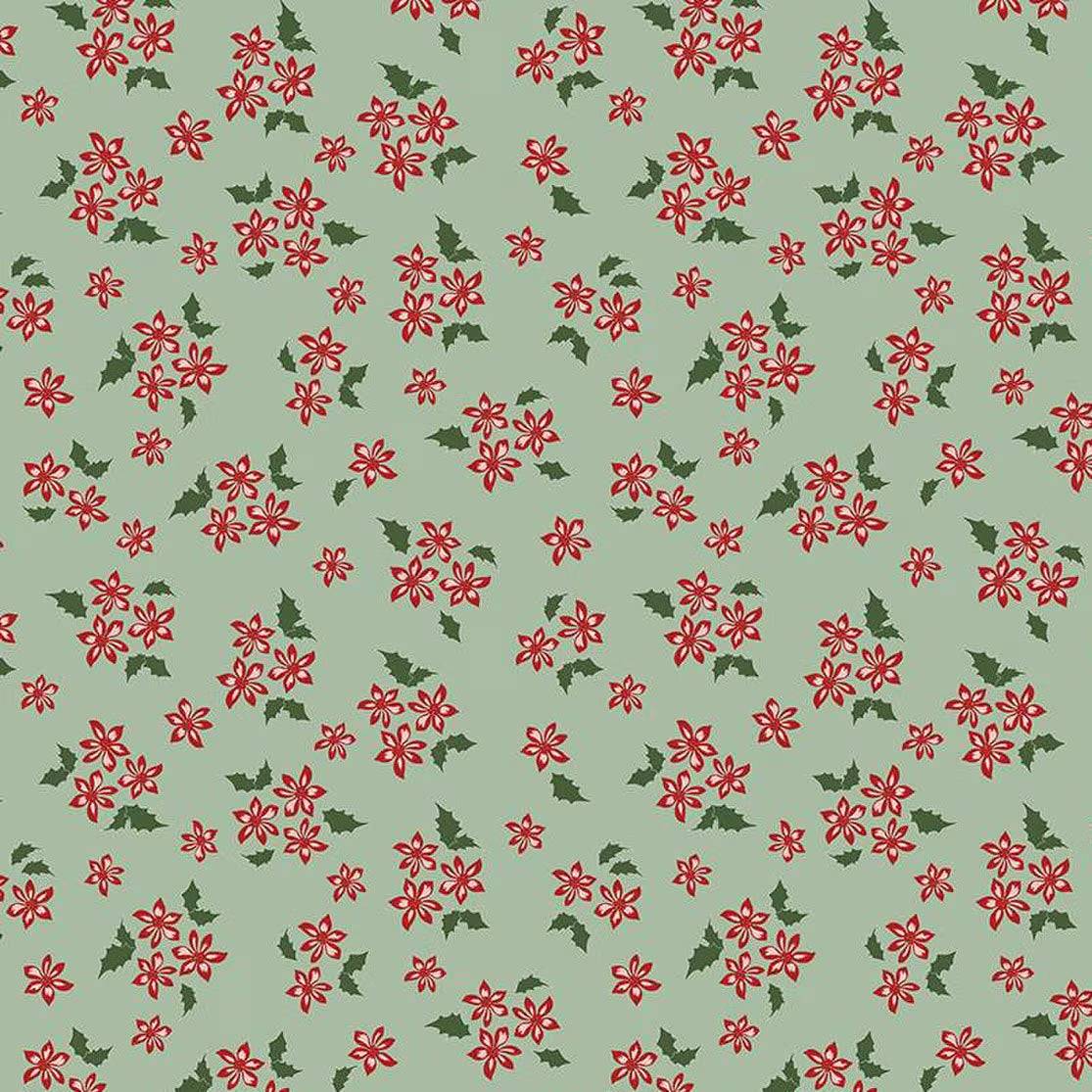Mistletoe and holly floral pattern on sage green fabric for holiday quilting and crafts