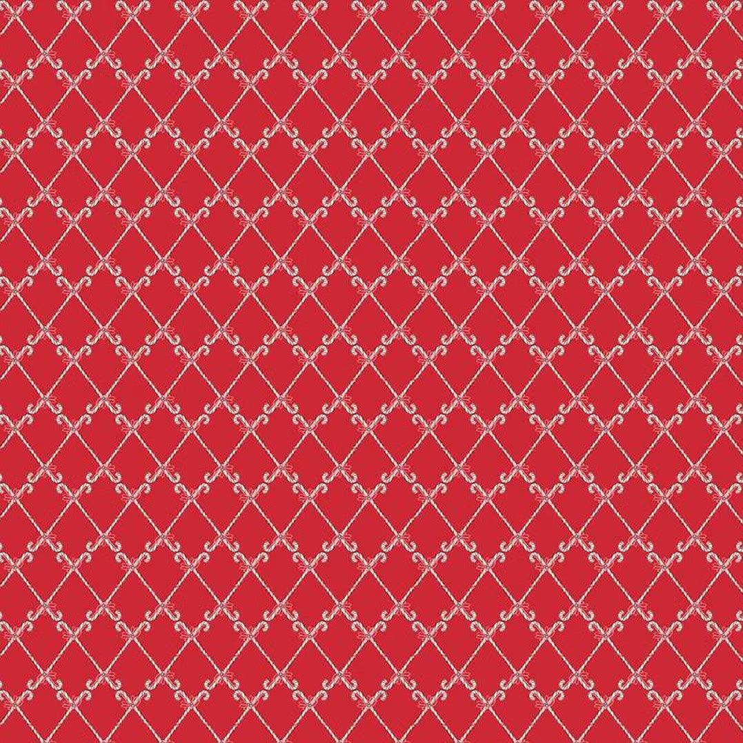 Red Mistletoe & Holly fabric with white candy cane pattern by Beverly McCullough for Riley Blake Designs