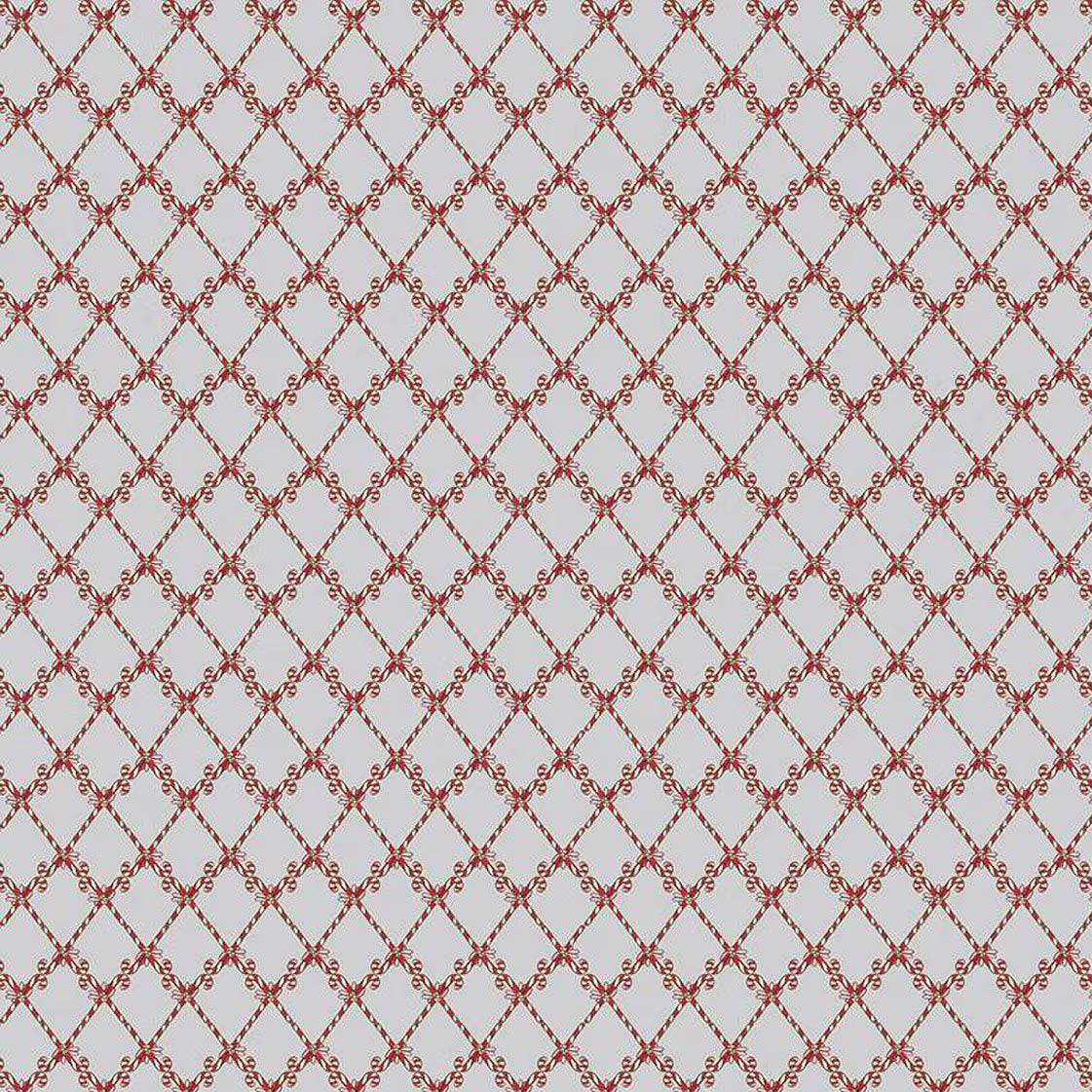 Mistletoe & Holly silver fabric with candy cane lattice pattern by Beverly McCullough for Riley Blake Designs