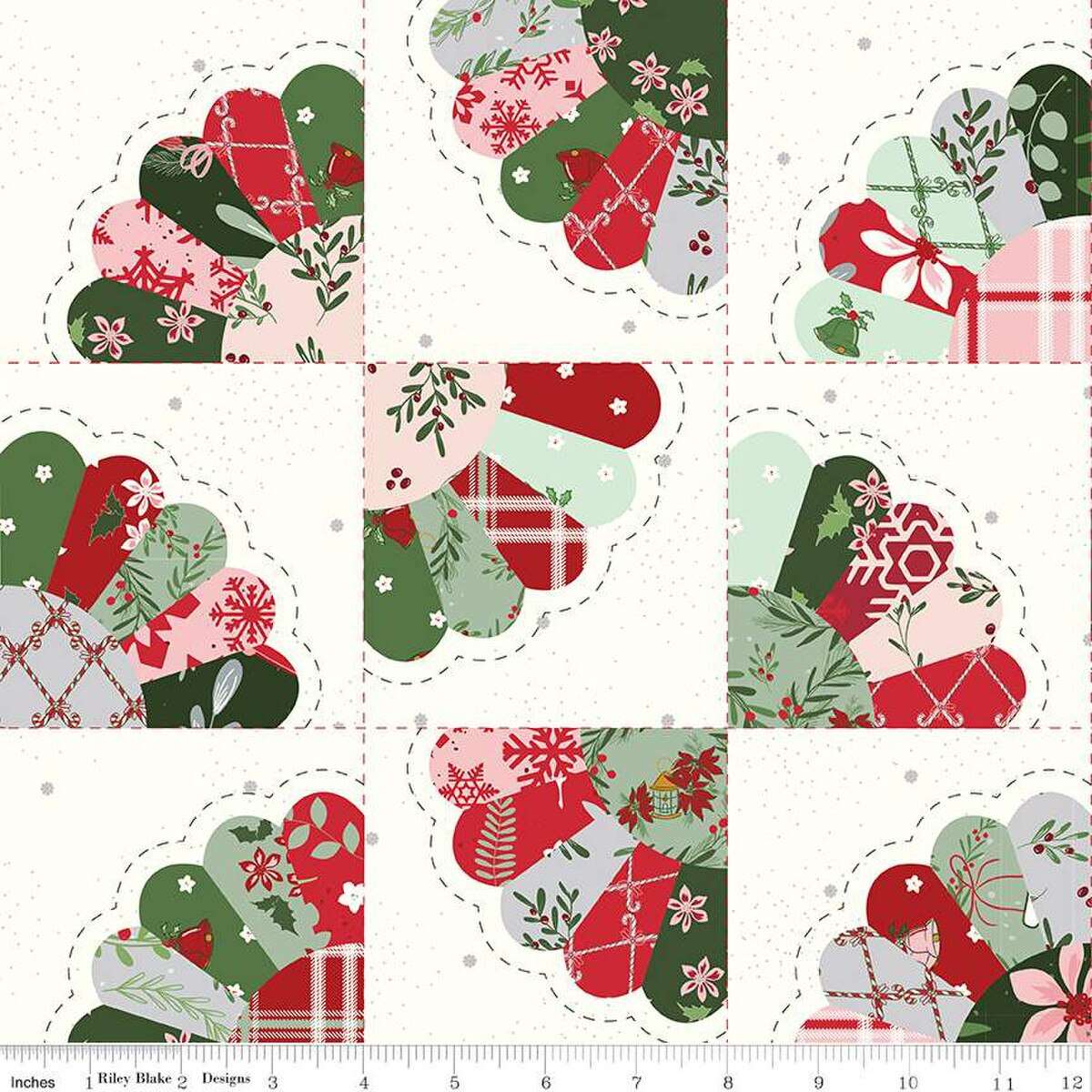 Mistletoe & Holly Christmas fabric with fan cheater print in red, green, and silver by Beverly McCullough