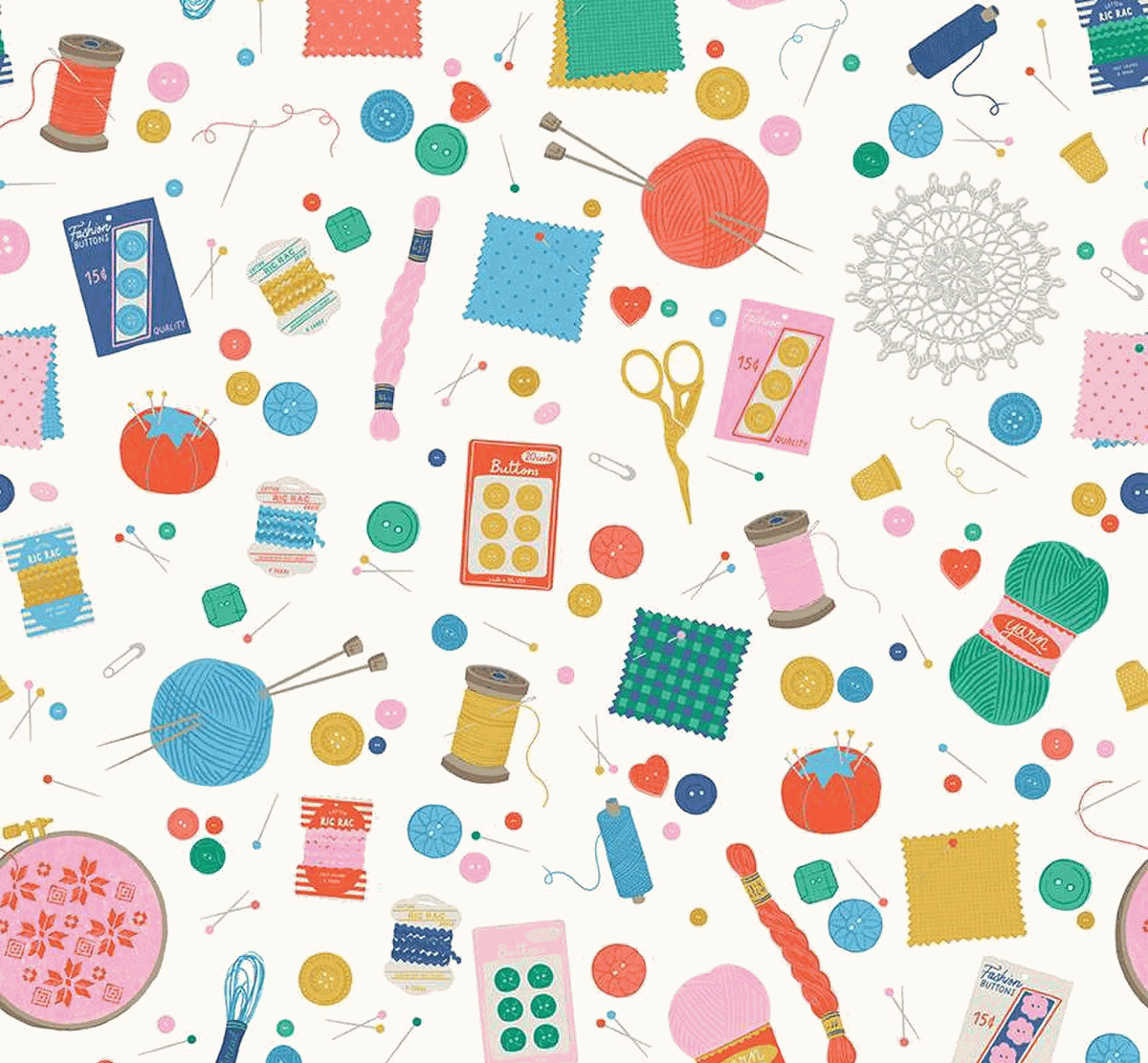 Hand Made Cloud Notions fabric with colorful sewing and quilting supplies pattern by Amber Kemp-Gerstel