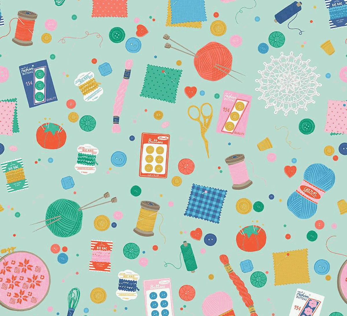 Hand Made Mint Notions fabric by Amber Kemp-Gerstel featuring sewing and quilting tools on mint background