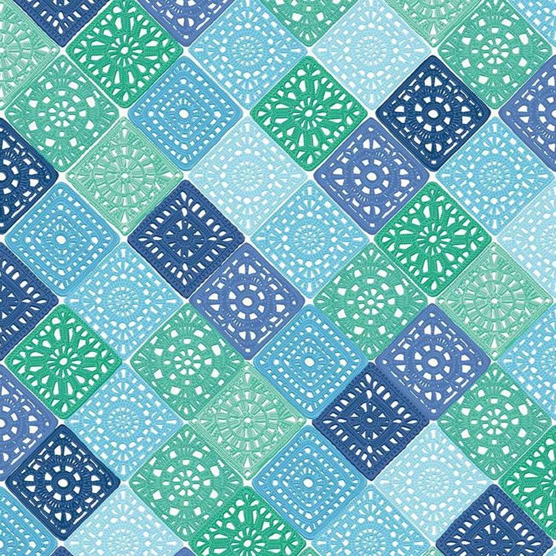 Hand made crochet blue fabric pattern by Amber Kemp-Gerstel for quilting and sewing projects