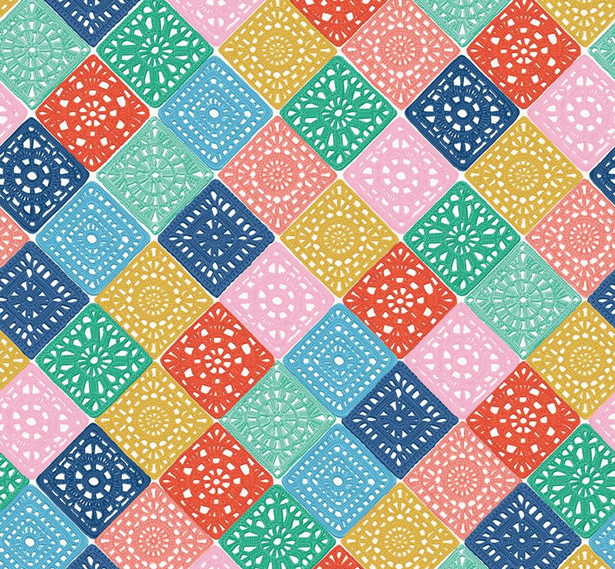 Hand made crochet fabric pattern with colorful squares by Amber Kemp-Gerstel for Riley Blake Designs