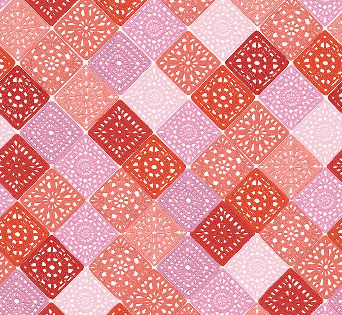 Hand Made Crochet Pink fabric by Amber Kemp-Gerstel with pink and red crochet square patterns