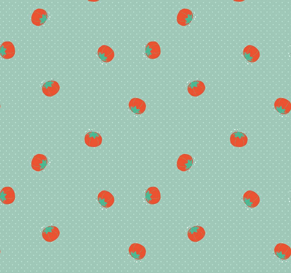 Mint fabric with red tomato pincushion pattern by Amber Kemp-Gerstel for quilting and sewing projects