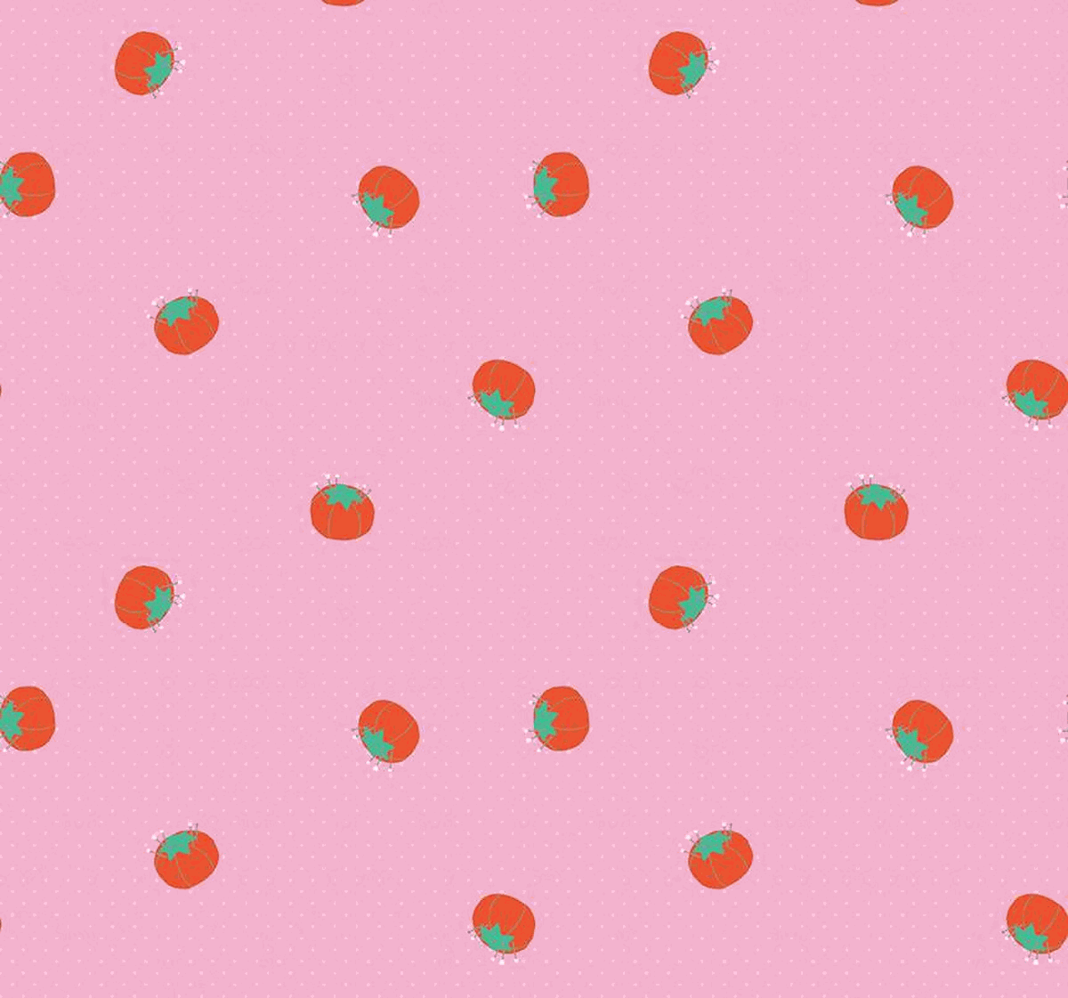 Hand Made Pink Pincushions fabric by Amber Kemp-Gerstel for Riley Blake Designs with red pincushion illustrations on pink background