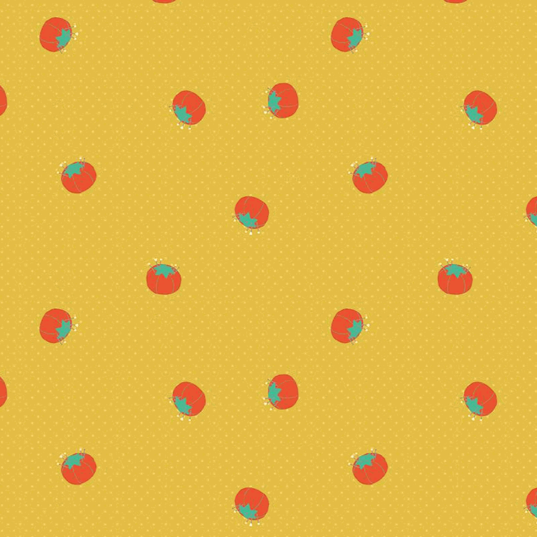 Hand Made Yellow Pincushions fabric with red tomato motifs on yellow background by Amber Kemp-Gerstel