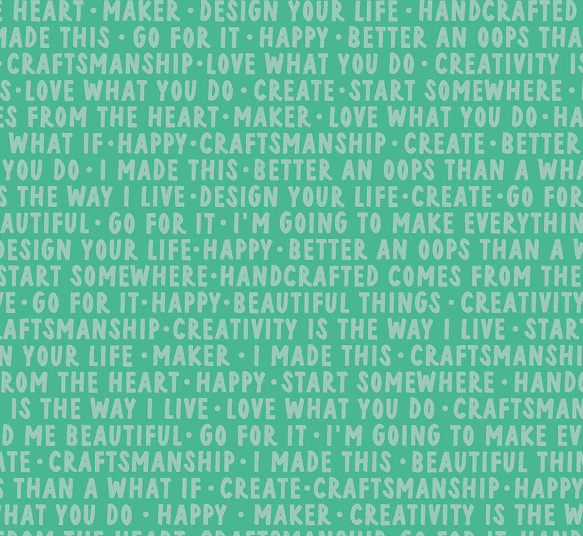 Hand Made Alpine fabric by Amber Kemp-Gerstel with quilting and sewing words design in green background