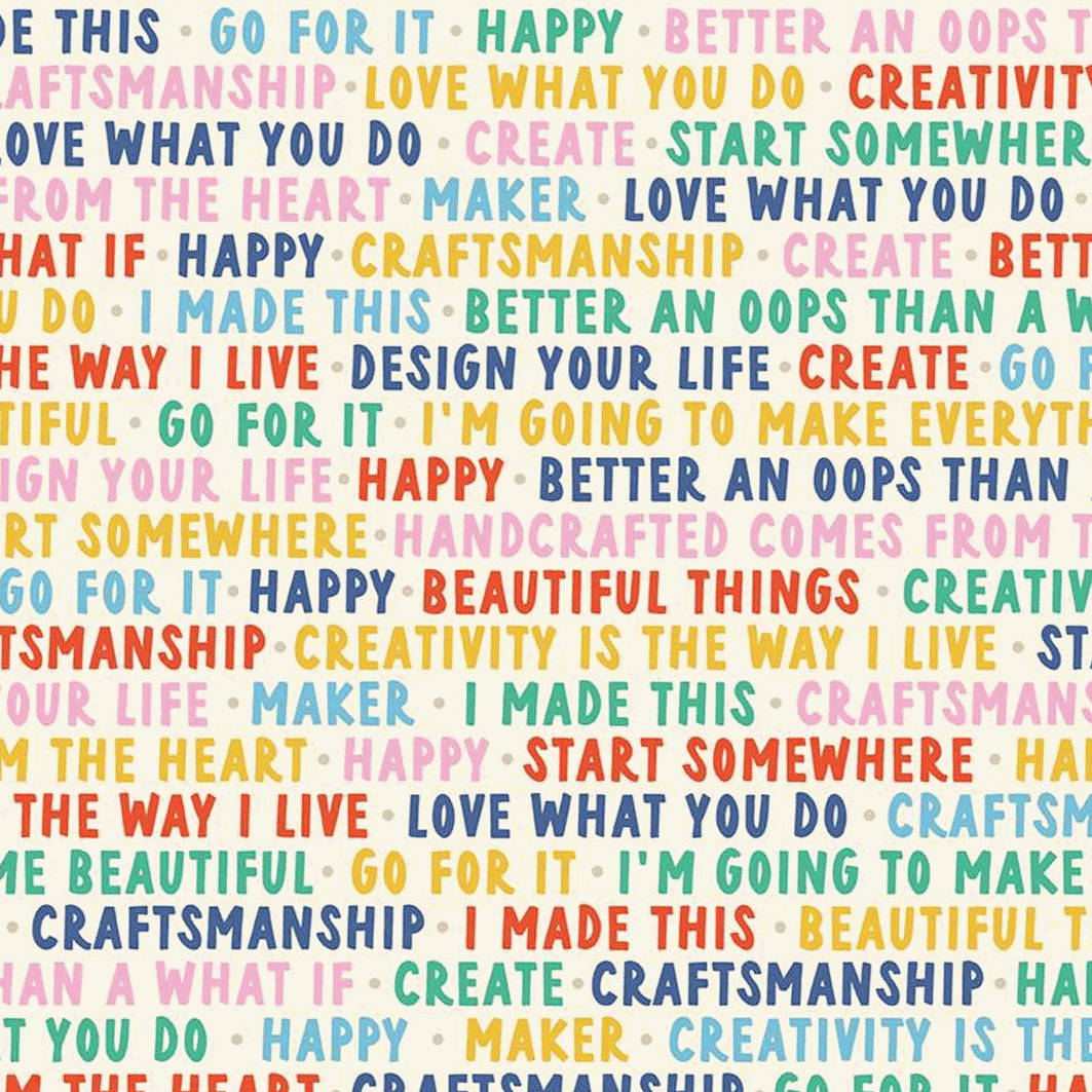 Hand Made Words Multi fabric by Amber Kemp-Gerstel with colorful sewing and crafting words pattern