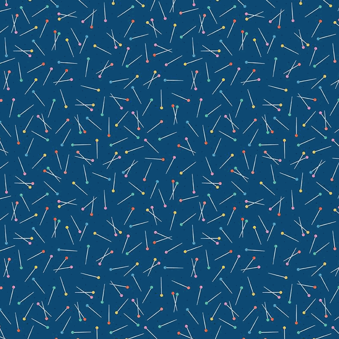 Hand Made Navy Pins fabric by Amber Kemp-Gerstel featuring colorful sewing pins on navy background for quilting and sewing projects