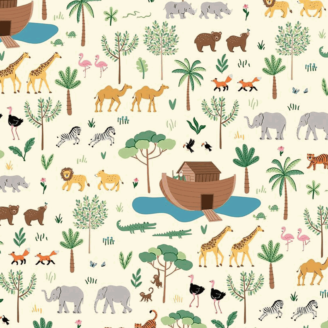Two by Two fabric by Cayla Naylor featuring Noah's Ark animals and trees on cream background