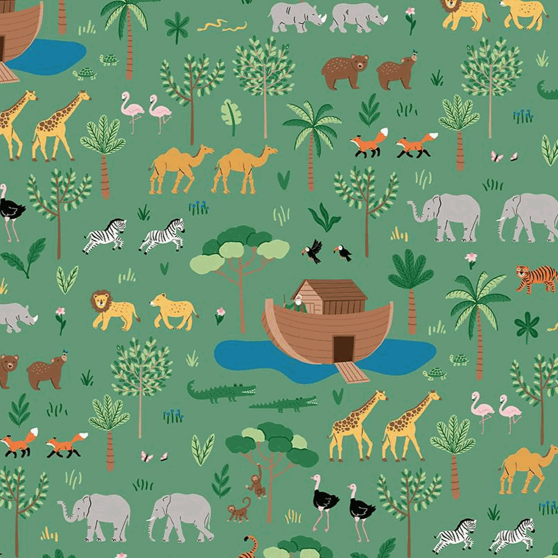 Two by Two green fabric with Noah’s Ark animals and trees pattern by Cayla Naylor for Riley Blake Designs