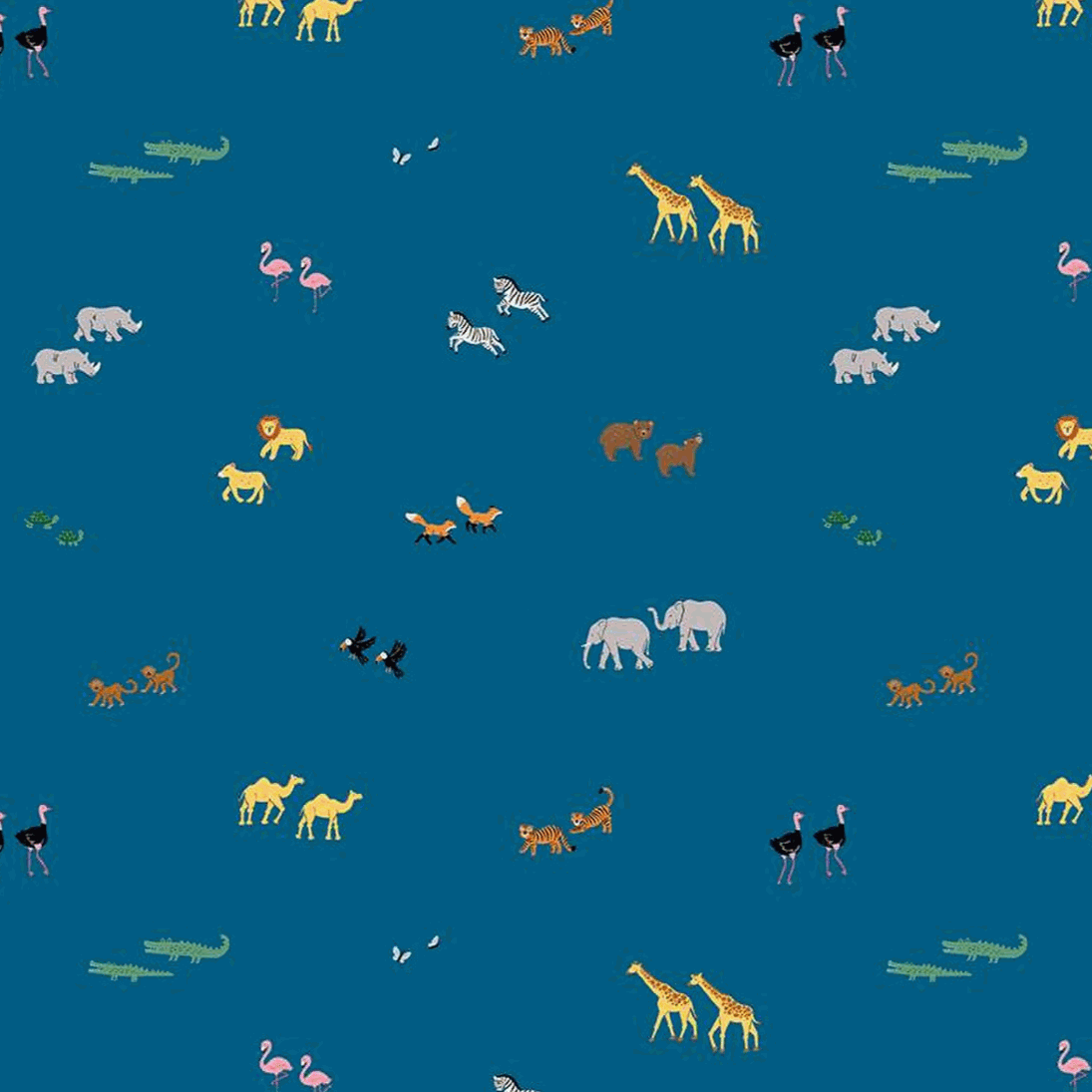 Two by Two fabric by Cayla Naylor for Riley Blake Designs with colorful paired animals on blue background