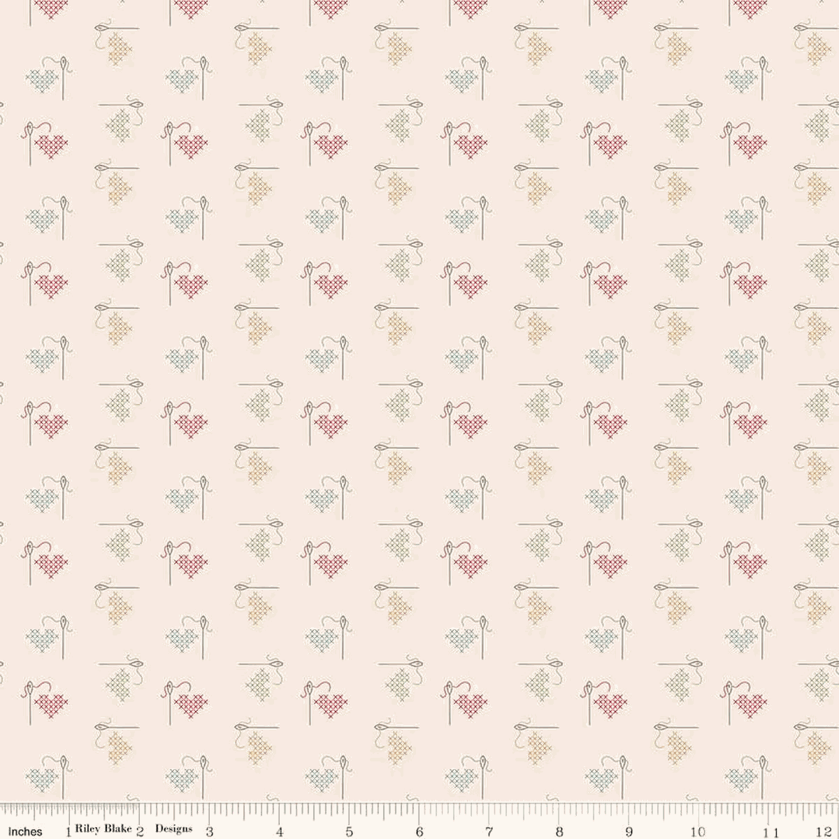 Hush Hush 5 fabric by Riley Blake Designs with stitched hearts and needles in soft neutral tones