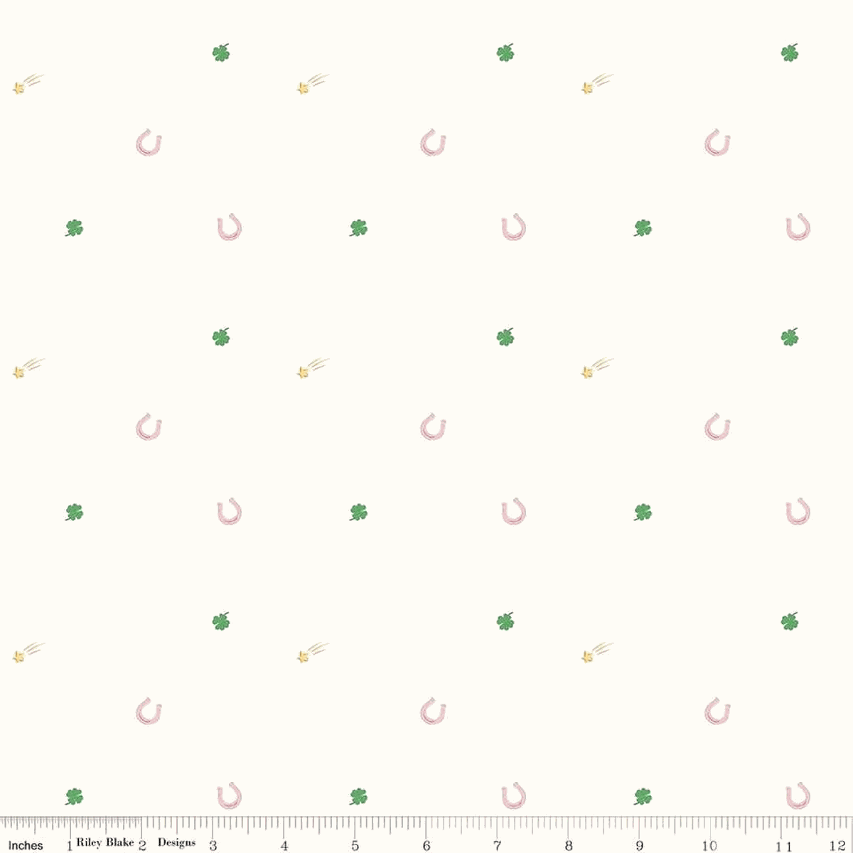 Hush Hush 5 fabric with pastel horseshoes, clovers, and subtle charms on cream background for quilting and decor