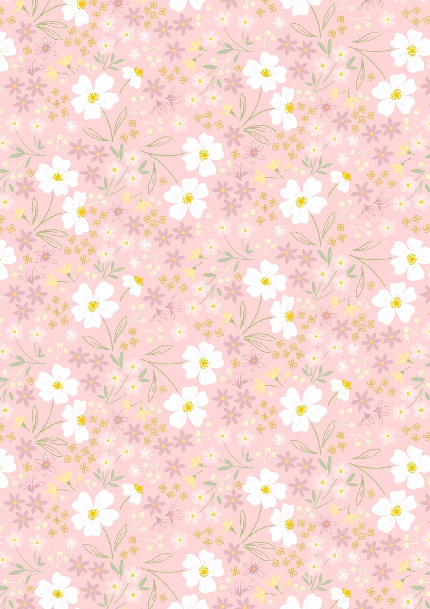 Light pink fabric with white flowers and green leaves from Joys of Spring collection by Cassandra Connolly
