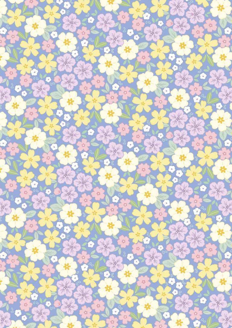 Dear Spring Primrose Prairie fabric pattern in dusky mid blue by Cassandra Connolly for Lewis & Irene Fabrics