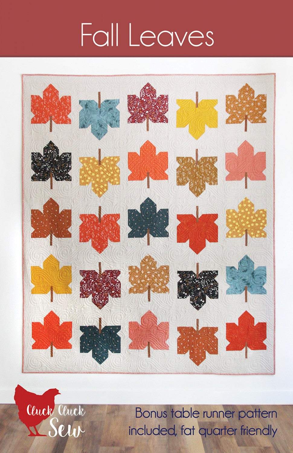 Fall Leaves quilt pattern featuring colorful autumn leaf designs, 62x74 inches, fat-quarter friendly with bonus table runner pattern.