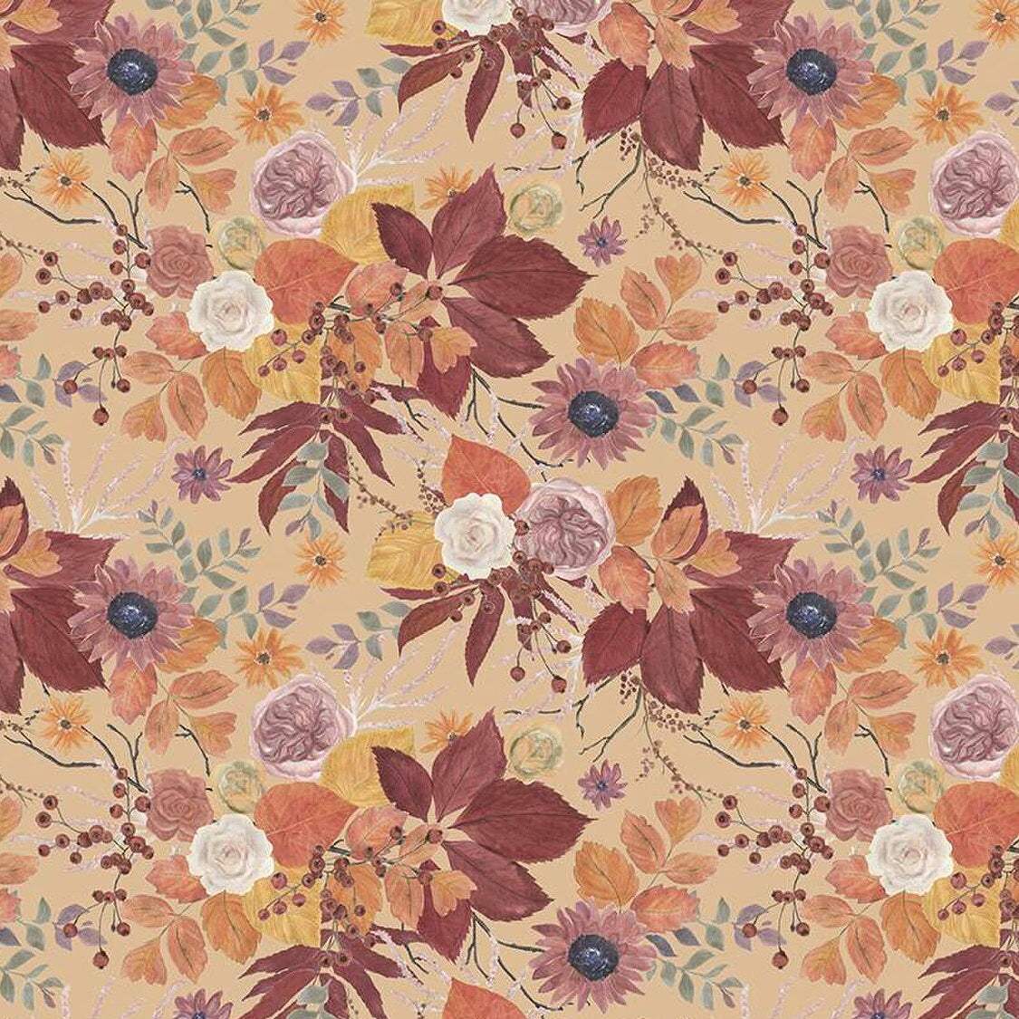 Evening on the Prairie beige fabric with sunflowers and autumn leaves pattern by Modern Prairie for Riley Blake Designs
