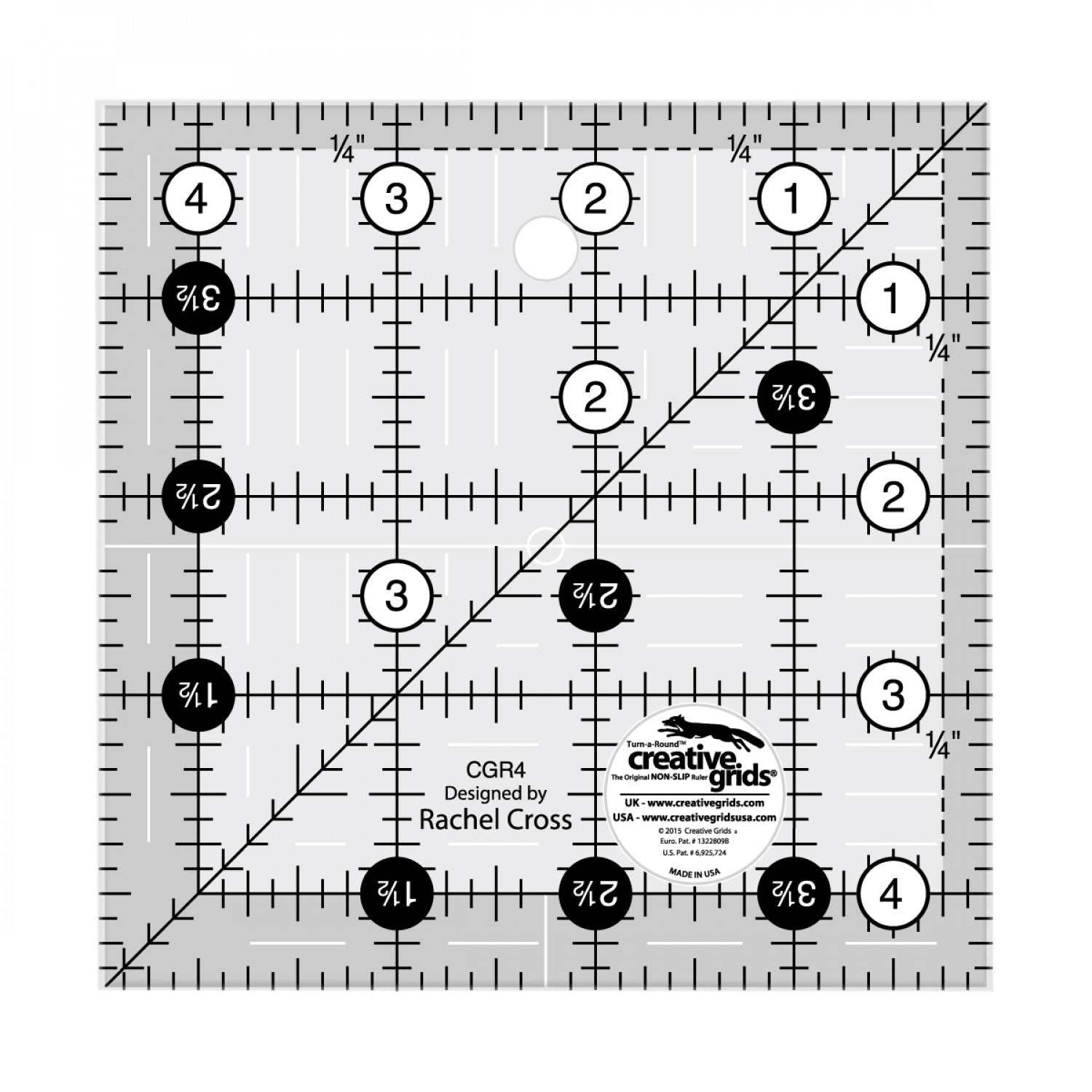 Creative Grids Quilt Ruler 4-1/2 inch square with black and white markings for precise quilting cuts