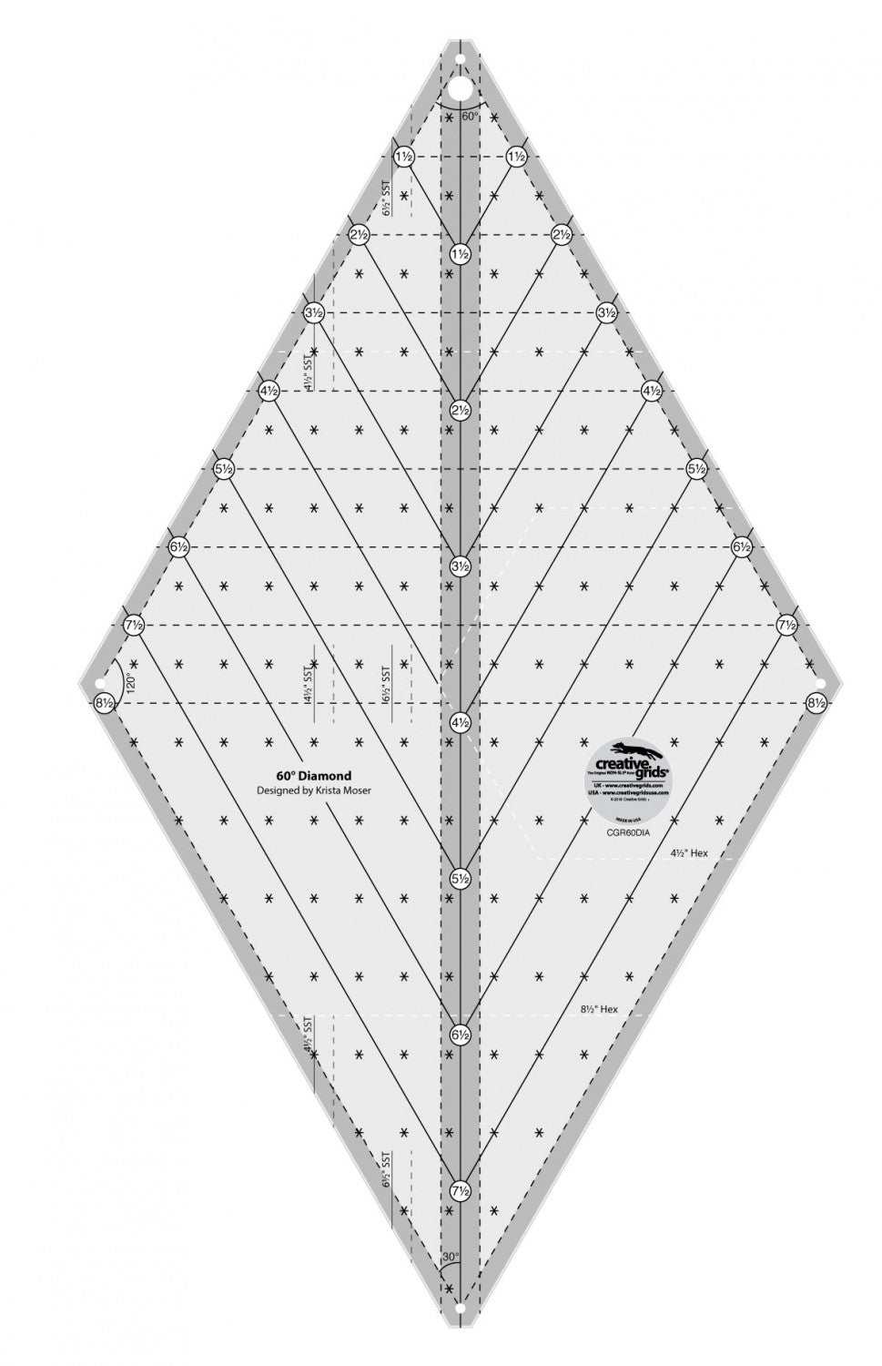 Creative Grids 60 Degree Diamond Ruler for cutting diamonds, hexies, and triangles up to 8-1/2 inches
