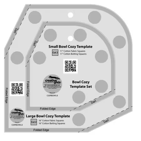 Creative Grids Bowl Cozy Template set with small and large acrylic quilting templates and non-slip grip for precise fabric cutting